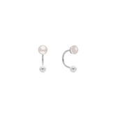 Fine jewellery, silver jewellery, hypoallergenic, tarnish-free, a Pair of silver pearl earrings on a white background with one close-up front view and a close-up right view